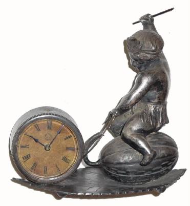 C.1886, New Haven Clock Co., RIDER, in good original condition (finish is worn to bare metal). — Antique Clocks Price Guide