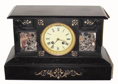 C.1895, French, Black marble & brown onyx mantel clock with original jeweled lever platform, spanning the plates at top. — Antique Clocks Price Guide