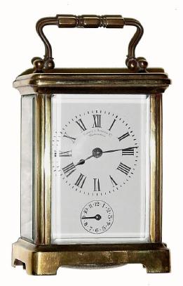 C.1910, French, for Harris & Shafer Co., Washington (D.C.), time and alarm carriage clock in an obis case. — Antique Clocks Price Guide
