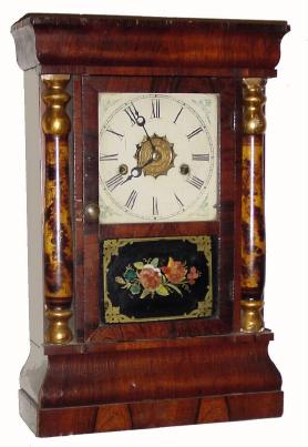 C.1875, New Haven Clock Co., miniature column and cornice shelf clock, in good condition with an old finish. — Antique Clocks Price Guide