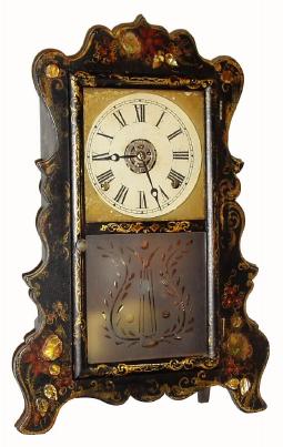 C.1852, E. & A. Ingraham, Bristol, Conn.,  30-hour time/strike/alarm scroll front shelf clock. — Antique Clocks Price Guide