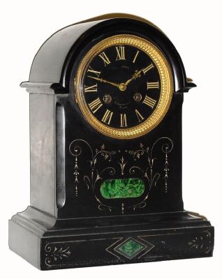 C.1890, French, Philippe, Rouen, 8-day time/strike marble mantel clock. The black marble case with contrasting malachite insets is in pretty good condition — Antique Clocks Price Guide