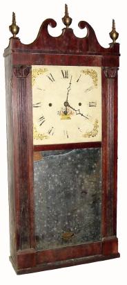 C.1825, Jerome, Darrow & Co., 30-hour wood movement time/strike reeded pilaster and scroll top shelf clock, in fair to good as-found condition. — Antique Clocks Price Guide