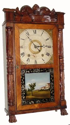 C.1832, Upson, Merrimans & Co., Bristol, Conn., 30-hour wood movement time/strike carved column and splat shelf clock, with restorations. — Antique Clocks Price Guide