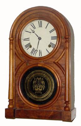 C.1870, Atkins Clock Co., "VICTOR", 8-day time & strike round Gothic shelf clock. — Antique Clocks Price Guide