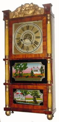 C.1835, R. & J. B. Terry, Bristol, Conn., 8-day time & rack strike triple decker shelf clock. — Antique Clocks Price Guide
