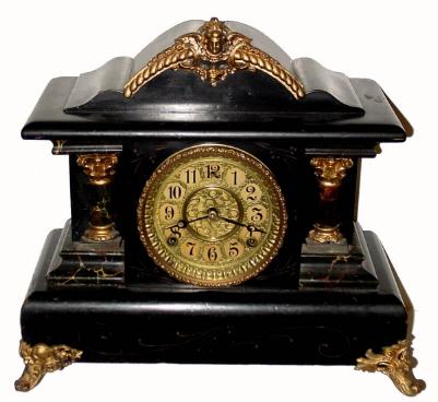 C.1904, William L. Gilbert Clock Co., "Bellwood", 8-day time & strike mantel clock on 6 bells. — Antique Clocks Price Guide
