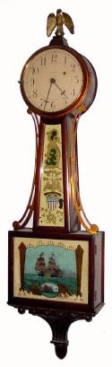 C.1935, Waltham Clock Co., 8-day mahogany banjo timepiece in generally fair to good condition with an original finish, but with a poorly replaced throat glass, and now a New Haven eagle. — Antique Clocks Price Guide