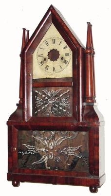 For Parts: C.1845, Birge & Fuller, candle stick steeple wagon spring case with original tablets, but without the top movement. — Antique Clocks Price Guide