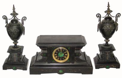 C.1905, Japy Freres, French 8-day time/strike black and contrasting marble garniture set in fair to good condition with the top corners broken off and chips and roughness on the sharp edges of the case. — Antique Clocks Price Guide