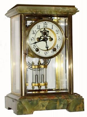 C.1911, New Haven Clock Co., "Thrace", 8-day time & strike brass and green onyx crystal regulator in generally good condition. — Antique Clocks Price Guide