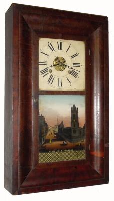 C.1845, William S. Johnson, New York, 30-hour time/strike mahogany veneered OG shelf clock in good condition — Antique Clocks Price Guide