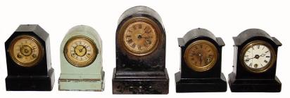 5 Iron Clocks, C.1875, Terry Clock Co., Bradley & Hubbard, & New Haven, 30-hour time/alarm iron case timepieces. — Antique Clocks Price Guide