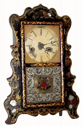 C.1852, E. & A. Ingraham, Bristol, Conn.,  30-hour time/strike/alarm scroll front shelf clock. — Antique Clocks Price Guide