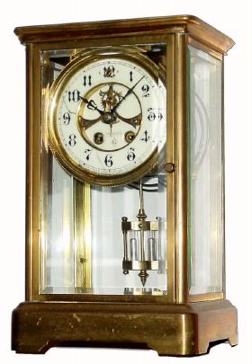 C.1913, William L. Gilbert Clock Co., "Vista", 8-day time/strike brass case crystal regulator in generally good condition. — Antique Clocks Price Guide