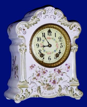 C.1898, William L. Gilbert Clock Co., "No. 403", 8-day time/strike porcelain mantel clock in good condition, except as noted. — Antique Clocks Price Guide