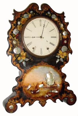 C.1845, Chauncey Jerome, 8-day time/strike paper maché shelf clock. — Antique Clocks Price Guide