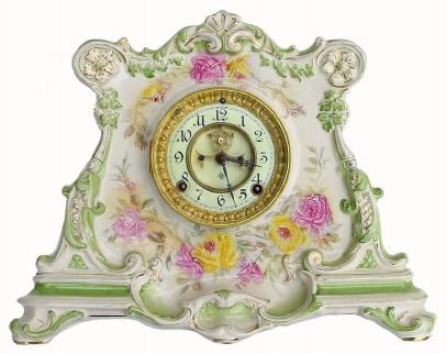 C.1901, Ansonia Clock Co., "La Drome", Royal Bonn, 8-day time & strike porcelain mantel clock in excellent original condition. — Antique Clocks Price Guide