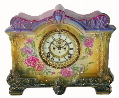 C.1911, Ansonia Clock Co., "La Palma", Royal Bonn, 8-day time & strike porcelain mantel clock in excellent original condition. — Antique Clocks Price Guide