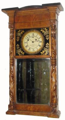 C.1832, Munger & Benedict, Auburn, New York, 8-day time & strike mirror clock. The refinished butternut & mahogany case with carved columns is in very nice condition — Antique Clocks Price Guide