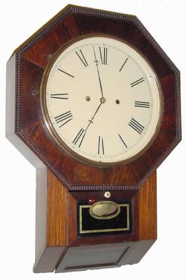 C.1855, J.J. & W. Beals, Haymarket Square, Boston, label on Atkins, Whiting & Co. 30-day fusee drop front octagon wall timepiece. — Antique Clocks Price Guide