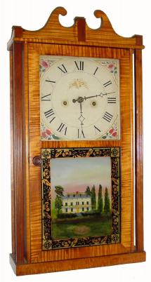 C.1820, F. & E. Sanfords, Goshen, Conn., 30-hour Torrington wood movement time & strike pillar and scroll clock. — Antique Clocks Price Guide