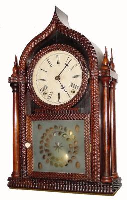 C.1845, Forestville Manufacturing Co., (J. C. Brown), 8-day time/strike Ripple Onion top or four column O.G. Gothic shelf clock. — Antique Clocks Price Guide