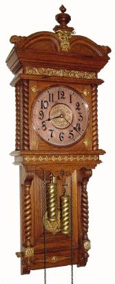 C.1904, Ansonia Clock Co., "NIOBE", oak cased wall regulator with fancy cast pendulum and twisty weights, and in excellent restored condition. — Antique Clocks Price Guide