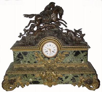 C.1875, French, Monumental Bronze & Marble Hunting theme mantel clock in very good original condition. — Antique Clocks Price Guide
