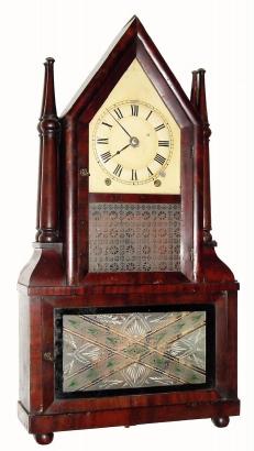 C.1845, Birge & Fuller, Bristol, Conn., wagon spring, 8-day mahogany steeple on frame with candle finials (4) in very nice condition with an original finish. — Antique Clocks Price Guide