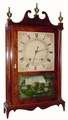 C.1825 E. Terry & Sons, Plymouth, Conn., 30-hour time/strike mahogany pillar & scroll shelf clock in good condition with an original dial, glasses, hands and finials. — Antique Clocks Price Guide