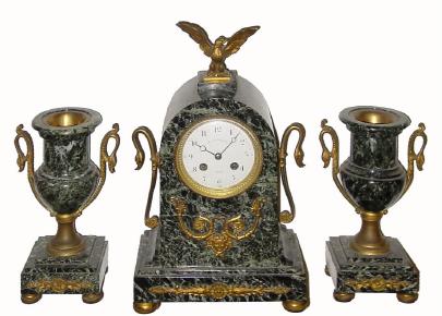 C.1890, French, Japy, Marble & Bronze, 3-piece mantel set in very good original condition. — Antique Clocks Price Guide