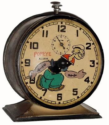 C.1935, New Haven Clock Co., "POPEYE" alarm clock in very good original condition, with great label/ instructions intact on the bottom of the case. — Antique Clocks Price Guide