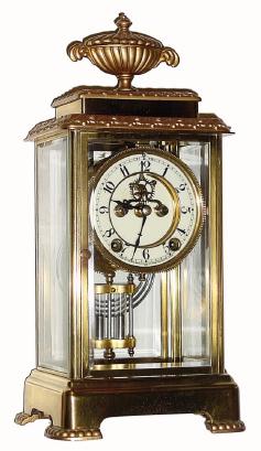 C.1911, New Haven Clock Co., "Tucson", 8-day time/strike brass and glass crystal regulator in excellent restored condition. — Antique Clocks Price Guide