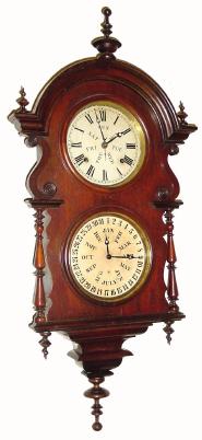 C.1878, Welch, Spring & Co., Bristol, Conn., "Wagner B.W. Hanging", 8-day time/strike walnut calendar clock in extra nice condition with original finish, and original black flocking on back board. — Antique Clocks Price Guide