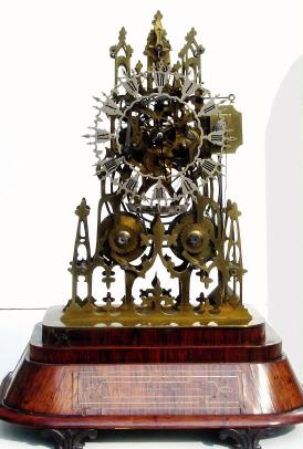 C.1865, English, W. F. Evans, 2-Fusee Skeleton clock, with platform /lever at the top of the front plate. — Antique Clocks Price Guide