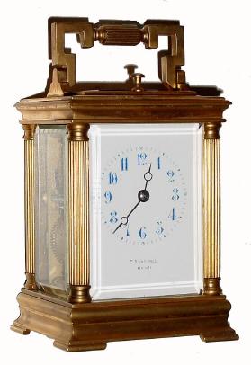 C.1900, French, Brass Cased Carriage Clock, Time, Strike & Repeat, in an elegant small column case with much of the gilding intact. — Antique Clocks Price Guide