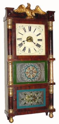 C.1850, Birge, Peck & Co., Bristol, Conn., 8-day time/strike triple decker shelf clock with an old and possibly original finish. — Antique Clocks Price Guide