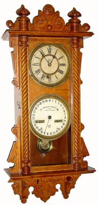 C.1891, Waterbury Clock Co., "Calendar No. 36", 8-day time & perpetual calendar oak wall clock. — Antique Clocks Price Guide
