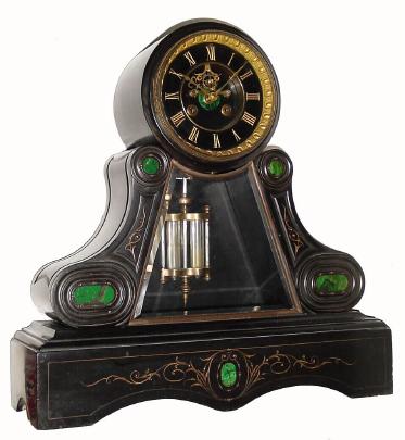 C.1890, French, Large Black Marble mantel clock in good condition. The case is quite attractive, with 6 jade inserts (one is in the dial center) and incising in the flat panels. — Antique Clocks Price Guide