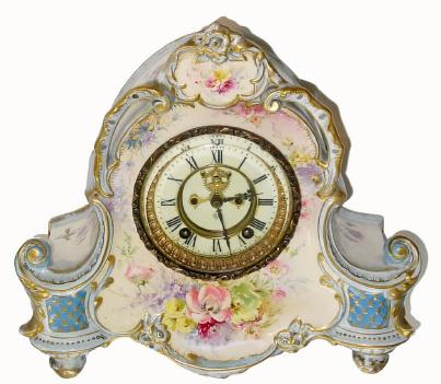 C.1900, Ansonia Clock Co., "La Vera", Royal Bonn porcelain china clock in good original condition (dirty, needs clean). — Antique Clocks Price Guide