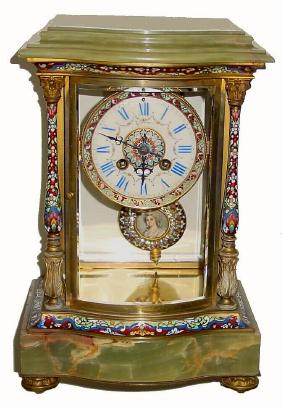 C.1900, French, Onyx & Brass, Bow Front crystal regulator with Corinthian columns and profuse enamel inlay, including portrait pendulum with both enamel and brilliant ring. This clock is in good original condition. — Antique Clocks Price Guide