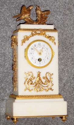 C.1890, French, White Marble & Ormolu figural clock, "LOVE BIRDS", small size for a ladies' desk or dressing table, and in good restored condition. — Antique Clocks Price Guide