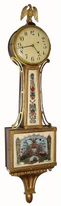 C.1925, Killam & Co., Pawtucket, RI, 8-day mahogany/gold front banjo timepiece in generally good condition with original glasses. — Antique Clocks Price Guide