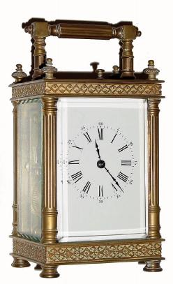 C.1900, French, Brass Cased Carriage Clock,  time, strike & repeat, in a nice column case with bands of embossed brass trim at top and bottom. — Antique Clocks Price Guide
