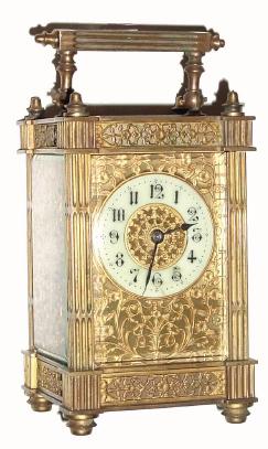 C.1900, French, Brass Cased Carriage Clock, time only, in a cute fluted case with pierced brass bands top and bottom — Antique Clocks Price Guide