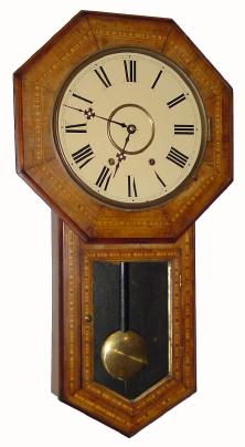 C.1880, New Haven Clock Co., 8-day time/strike walnut and inlay long drop school clock. — Antique Clocks Price Guide
