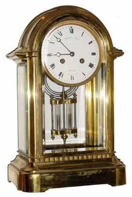 C.1900, French, Brass and glass crystal regulator, 8-day time & strike, in very good condition and merchandised by Theodore & Starr, New York. — Antique Clocks Price Guide