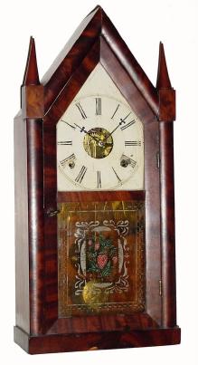 C.1845, Unknown, fusee steeple clock, 30-hour time & strike. This is the rare 3/4 size mahogany veneered narrow case with some minor veneer repair and small chips in various places. — Antique Clocks Price Guide