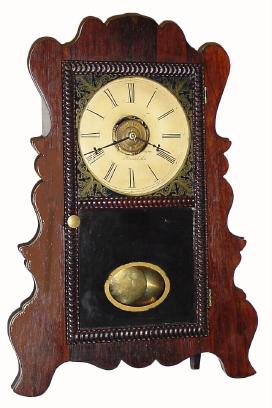 C.1852, E. & A. Ingraham, Bristol, Conn., 8-day time & strike scroll front shelf clock. — Antique Clocks Price Guide